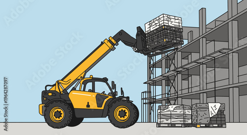Yellow construction telescopic forklift machine.