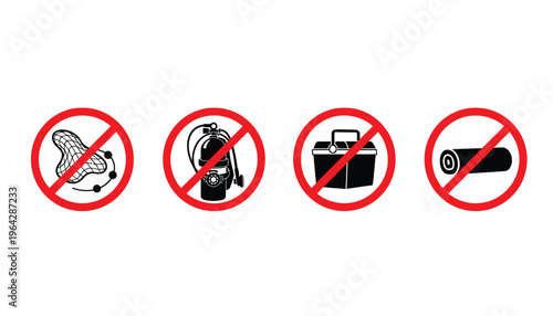 Prohibited Items Vector Icons No Footwear, No Fire Extinguisher, No Toolbox and No Rolled Mat Isolated on White