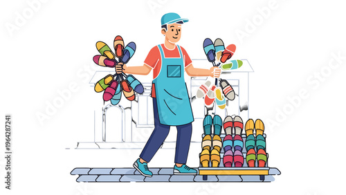 Shoe Vendor's Collection: A vibrant illustration showcasing a shoe vendor standing proudly amidst his colorful display of shoes.