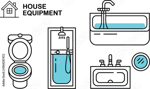 Modern bathroom equipment line icons set vector illustration. Minimal outline bathroom fixtures toilet shower bathtub icons.