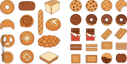 Baked Goods and Pastry Icon Set with Bread, Cookies, Croissants, Chocolate, Sandwiches, and Sweet Bakery Treats, Flat Cartoon Food Illustrations for Menus and Kids