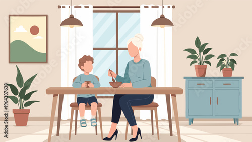 Family eating together vector illustration of a mother and child sharing a meal at the table, cozy home atmosphere