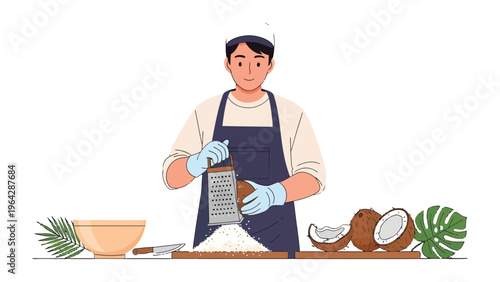 Coconut Chef in Action: A skilled chef meticulously grates fresh coconut, preparing a culinary delight with passion and precision. This image encapsulates the art of cooking.
