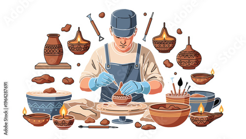 Artisan at Work: An artisan meticulously shapes clay on a pottery wheel, surrounded by tools and finished pieces, embodying the artistry and dedication of the craft.