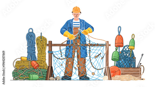Craftsman of the Sea: A skilled artisan, adorned in practical attire, meticulously repairs a fishing net, surrounded by an array of nautical tools and equipment.