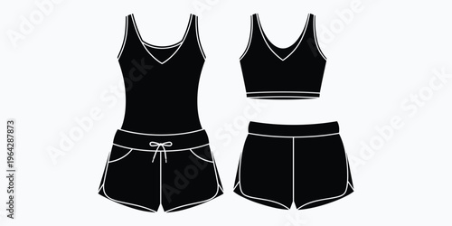 Casual clothing silhouette illustration set featuring sleeveless romper with drawstring shorts, cropped tank top, and fitted shorts for fashion and apparel artwork.