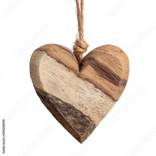 handcrafted wooden heart ornament with natural grain isolated on transparent background