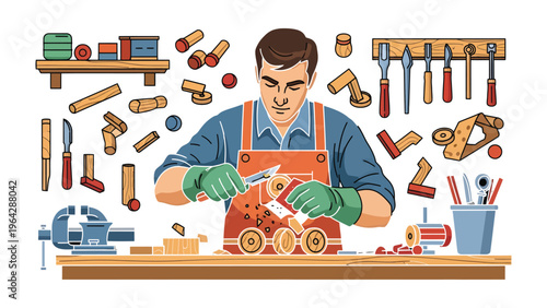 Craftsman's Creation: A skilled craftsman meticulously works on a wooden toy, surrounded by tools and materials in his workshop, embodying the artistry of woodworking and the joy of creation.