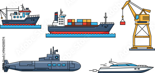 Maritime illustration set featuring cargo ship, fishing vessel, port crane, submarine, and yacht for transportation, shipping, and nautical design artwork.