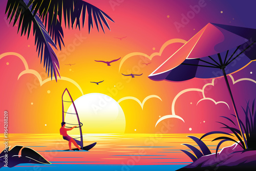 Vibrant sunset beach scene with windsurfer and tropical palm tree silhouette