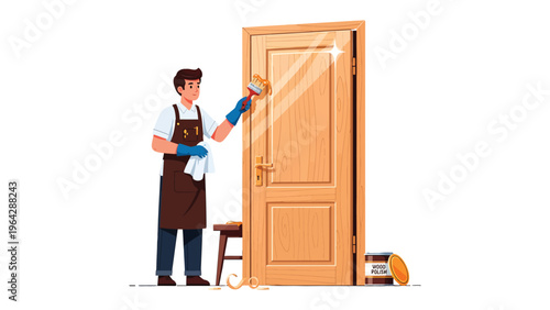 Door Refurbishment: A craftsman diligently refinishes a wooden door with meticulous care, symbolizing home improvement.