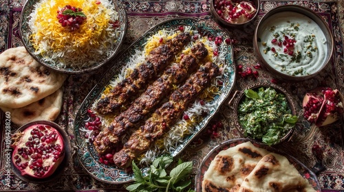 A lavish spread of Middle Eastern cuisine, featuring grilled meat skewers, saffron rice, fresh herbs, & pomegranate