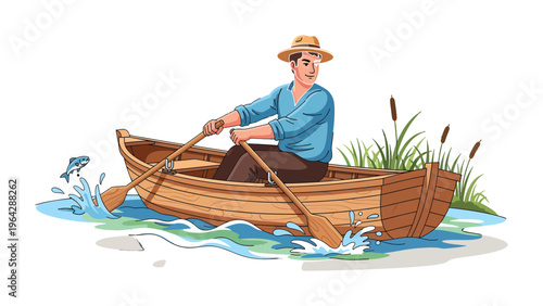 Rowing on the Lake: A person rows a wooden boat on a tranquil lake, the scene is adorned with the splash of water. Capturing the serenity and the sport.