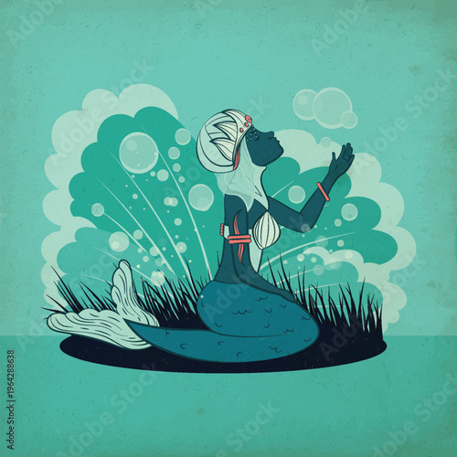 Illustration of a mermaid with light hair kneeling in grass with bubbles