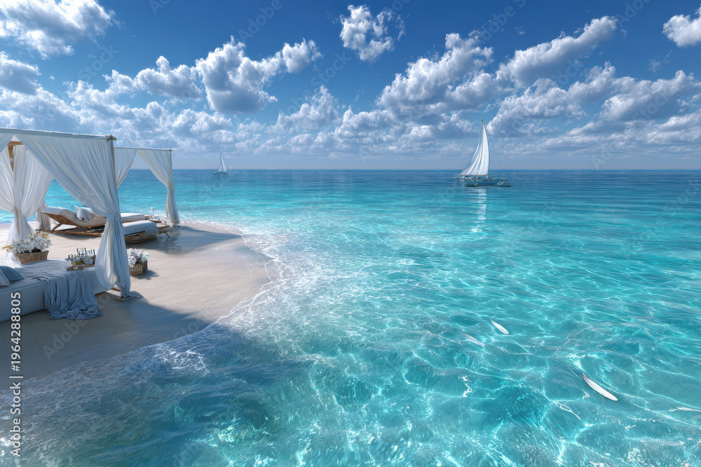 Obraz premium Beautiful beachside retreat with clear turquoise waters and sailing boats at midday