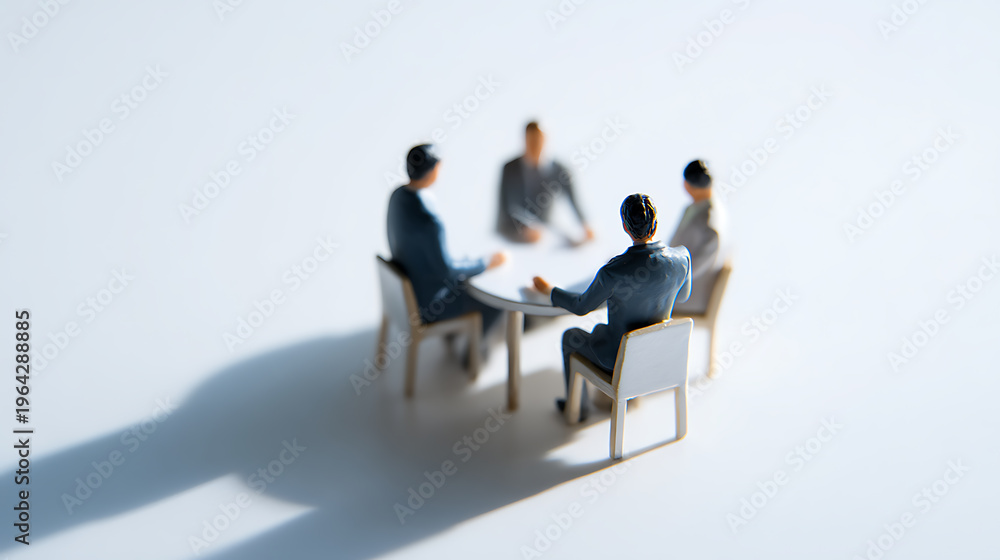 Fototapeta premium Miniature business figures convene around a white table, symbolizing teamwork, collaboration, and strategic discussion in a modern office setup