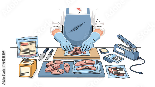 Food Preservation Process: An illustrated depiction showcases the methodical process of food preservation, with a focused view of a professional, methodically portioning ingredients for future use.