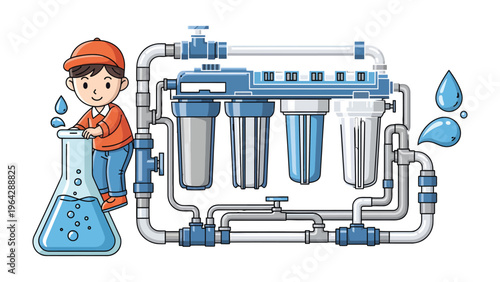 Water Filtration and Science: A technician in orange shirt is working on the water filtration device. Clean water and equipment.