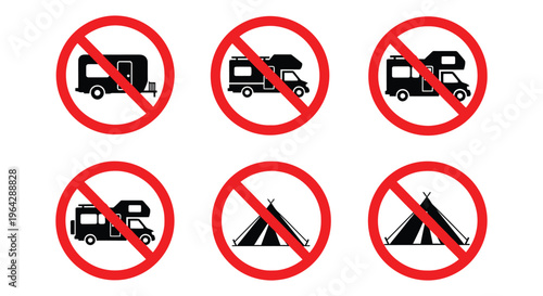 Vector graphic illustration of prohibited camping activities, including caravans, motorhomes, and tent signs.