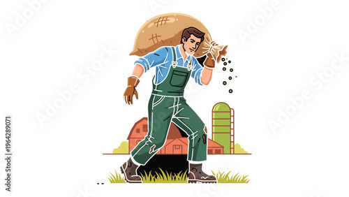 Farmer's Burden: A strong farmer carries a heavy sack across the farm, showcasing dedication to his craft.