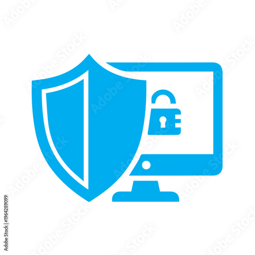 Computer monitor protected by a large shield icon featuring a padlock symbolizing digital security and data defense.