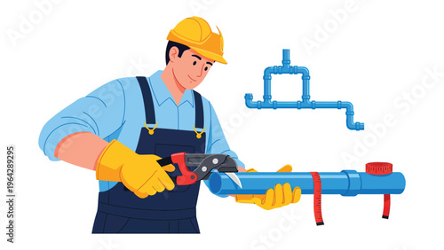 Plumber in Action: A skilled plumber focuses intently on cutting a pipe, with precision and expertise, showcasing the hands-on craft of plumbing and infrastructure maintenance.