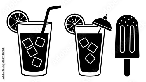 Vector icons of refreshing drinks and a frozen popsicle for summer