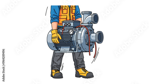 The worker carrying the pump: A worker, wearing a protective vest and gloves, is carrying a heavy-duty pump. This image depicts the manual labor and industrial processes involved.