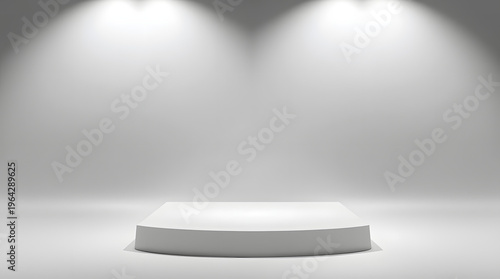 Minimalist white studio stage with illuminated round pedestal, perfect for product display or exhibition. Clean, modern empty background for presentation, branding, and advertising projects