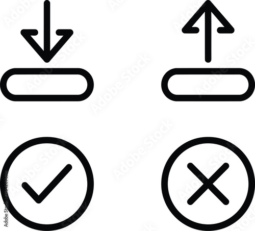 Vector graphic illustration of four basic interface symbols for upload, download, confirm, and cancel actions in a modern design style
