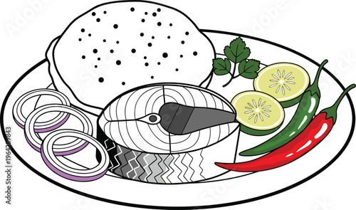 fish, lemon, onion, chili, cilantro, bread, chapati, roti, meal, cuisine, food, plate, garnish, spicy, traditional
