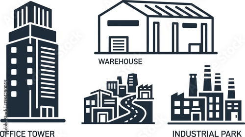 Urban landscape icons featuring office tower warehouse and industrial park
