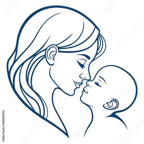 A minimalist vector illustration of a mother tenderly kissing her baby on the cheek