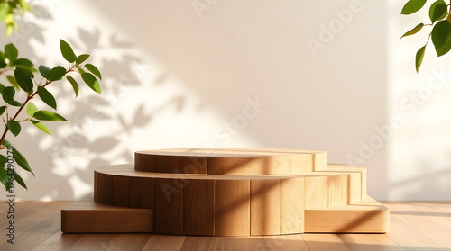 Inviting minimalist wooden podium illuminated by natural light and dappled leaf shadows, creating an elegant and serene stage for product presentation or artistic display