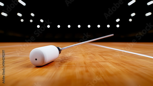 Fencing foil, wooden floor, blurred arena, dramatic lighting, sports equipment, focus
