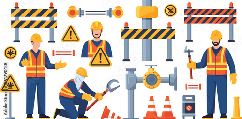 Construction Safety Illustration with Workers, Warning Signs, Protective Gear, Barriers, and Hazard Awareness Elements for Industrial Worksite Design