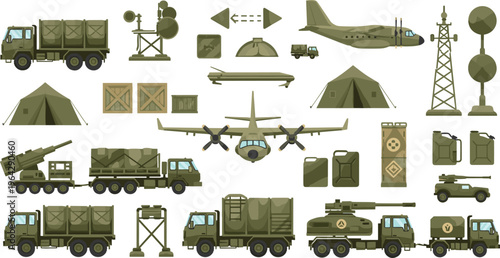 Military Logistics and Equipment Illustration Set with Army Transport Trucks, Cargo Aircraft, Radar Systems, Tents, Fuel Containers, and Tactical Vehicles for Defense Operations Design