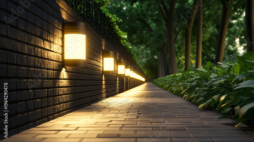Illuminated brick path, glowing lantern, green foliage, tranquil evening, serene atmosphere