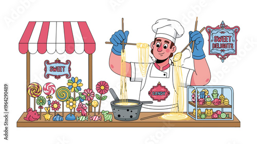 Sweet Delights Creation: A cheerful confectioner meticulously crafts artisanal sweets, showcasing a burst of colors and creativity in a vibrant candy shop. 