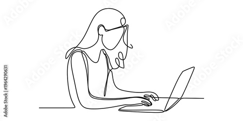A continuous line drawing of a woman working on her laptop computer at a desk in a flat style. Vector, illustration