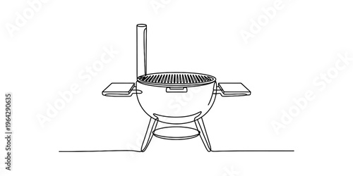 A single continuous line drawing of a charcoal barbecue grill with side tables and a tall chimney Vector, illustration