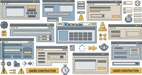 Under Construction Web UI Illustration Set with Website Interface Elements, Loading Screens, Error Messages, Warning Icons, and Development Components for Digital Design