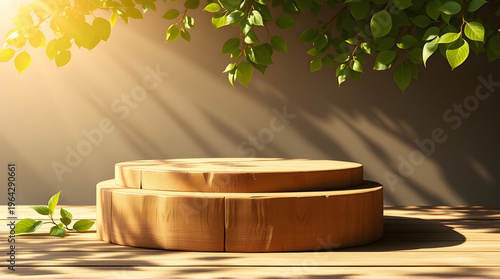 Wooden podium on a wooden surface bathed in dappled sunlight filtering through lush green leaves, creating a natural stage for product display