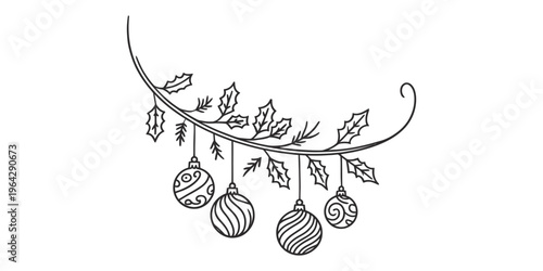A simple black and white line drawing of a decorative christmas swag with four hanging baubles Vector, illustration