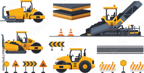 Road Construction Equipment Illustration Set with Asphalt Roller, Paver Machine, Traffic Cones, Warning Signs, and Highway Building Elements for Infrastructure Design
