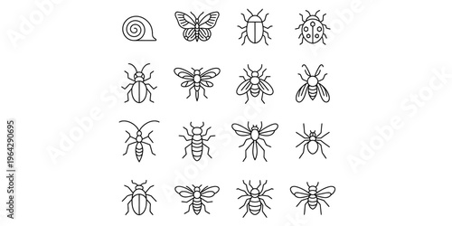 A grid of sixteen black and white line art icons depicting various insects and small creatures. Vector, illustration