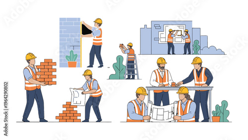 Building Dreams: A collection of skilled construction workers meticulously erect buildings, demonstrating teamwork, precision, and the art of shaping spaces.