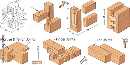 Wood Joinery Techniques Illustration with Mortise and Tenon, Finger Joints, Lap Joints, and Carpentry Construction Methods for Woodworking Design
