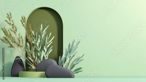 A serene display of plants and smooth stones arranged against a soft green backdrop