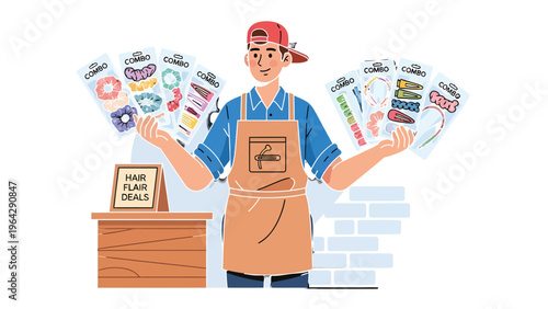 Hair Accessories Seller: A friendly seller presents a variety of stylish hair accessories. Displaying a range of fashionable hair products, ready to serve customer needs